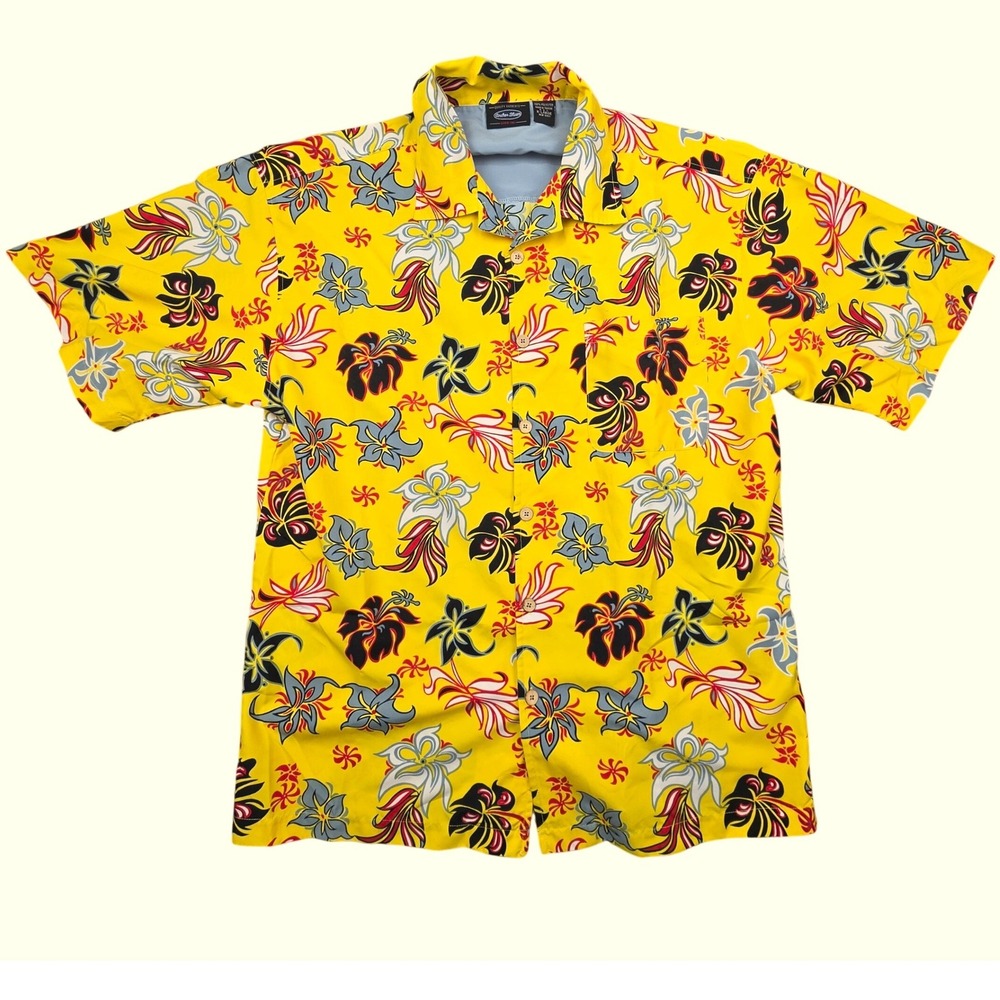Yellow Floral Polyester Button Up‎ Aloha Hawaiian Shirt Anchor Blue Mens XL